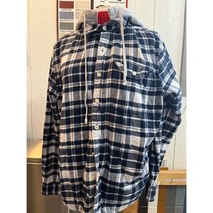 American Eagle‎ Mens Flannel Hoodie Shirt Navy White Plaid Super Soft XL